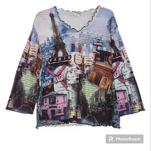 JESS & JANE Paris Blues Art to Wear Embellished Long Sleeve Knit Top, Sz L